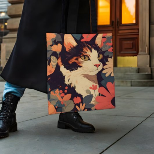 Elegante Calico Cat in bloementuin Tote Bag