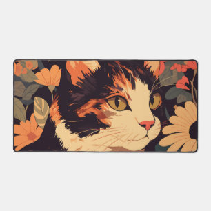 Elegante Calico Cat in Floral Garden Desk Mat