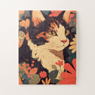 Elegante Calico Kat in Bloementuin Jigsaw Puzzel