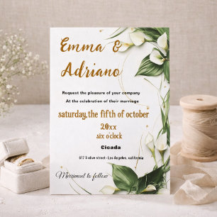 Elegante Calla Lily Trouwuitnodiging Gouden Schrif Bedankkaart
