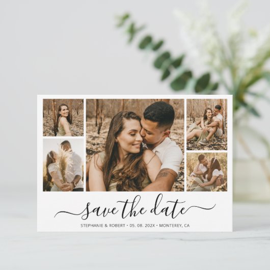 Elegante Calligrafie Foto Collage Save The Date (Staand voorkant)