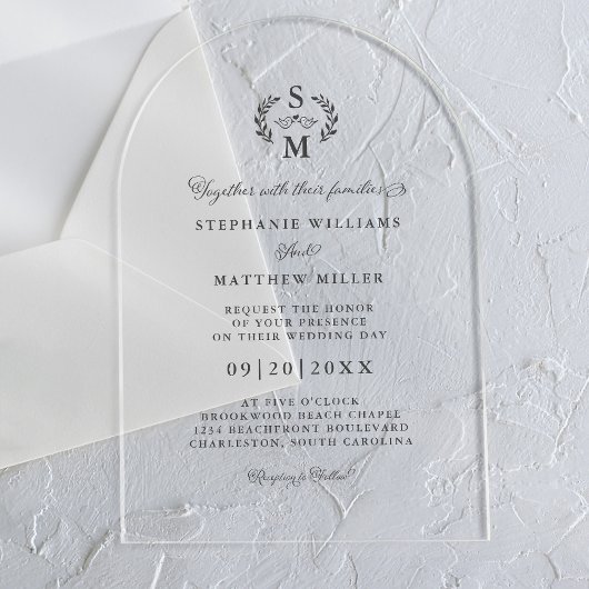 Elegante Calligrafie Monogram Wapenschild Trouwdag Acryl Uitnodigingen