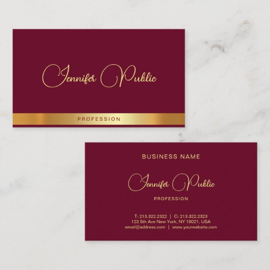 Elegante Calligrafie Script Naam Goud Tekst Robijn Visitekaartje (Voorkant / Achterkant)