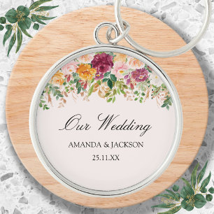 Elegante Calligrafie Waterverf Rozen Tuin Bruiloft Sleutelhanger