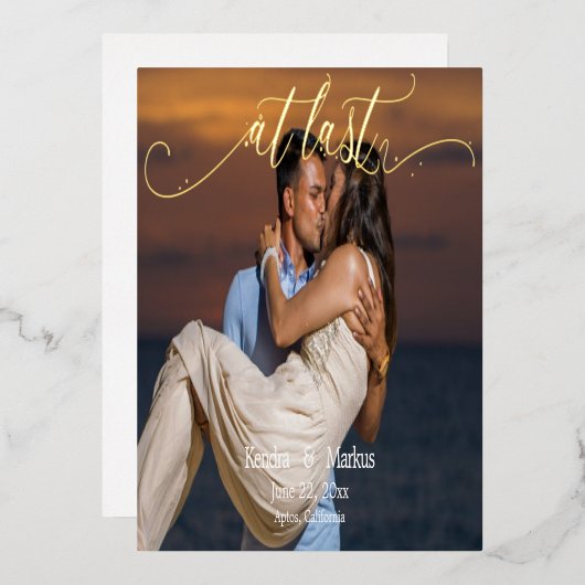 Elegante Calligraphy  Eindelijk foto Bewaar de dat Folie Uitnodiging (Voorkant / Achterkant)