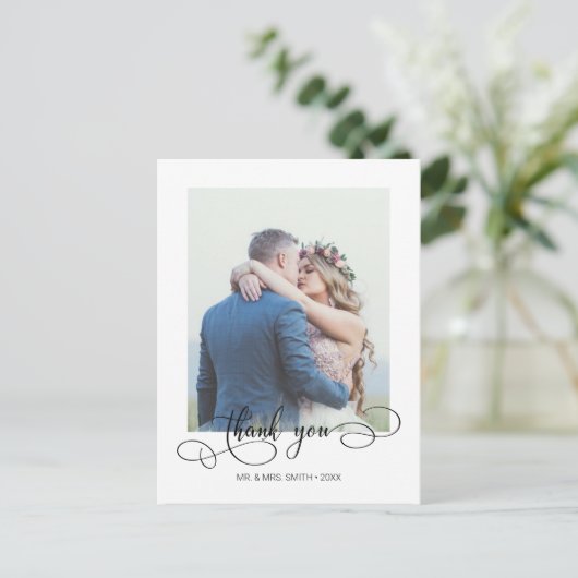Elegante Calligraphy Huwelijksfoto Dankjewel Briefkaart (Staand voorkant)
