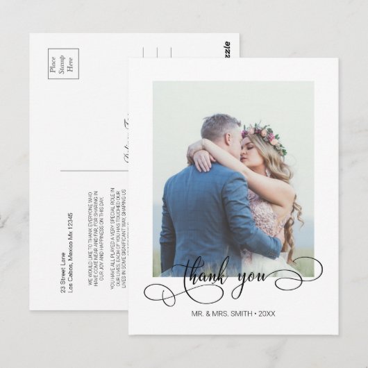 Elegante Calligraphy Huwelijksfoto Dankjewel Briefkaart (Voorkant / Achterkant)