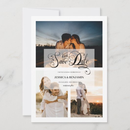 Elegante Calligraphy Nepvelijn Effect 3 Foto Save The Date (Voorkant)