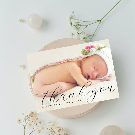 Elegante Calligraphy Volledige Foto Dank U Geboort Aankondiging
