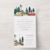 Elegante Camping Waterverf Dennenbos Bruiloft All In One Uitnodiging (Binnen)