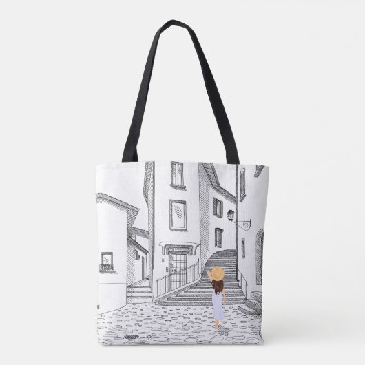 Elegante Canvas tas met handgetekende oude stad (Achterkant)