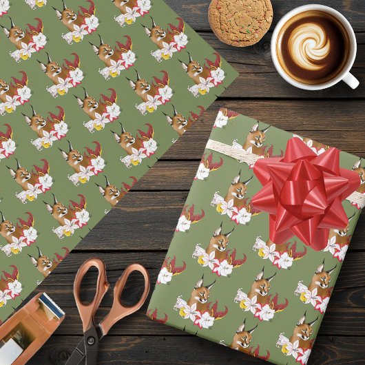 Elegante Caracal Wilde Kat Lelies Bloemengroen Cadeaupapier