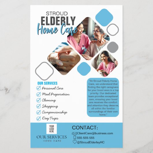 Elegante Caregiver foto Grijs & Blauw Ontwerp Flyer (Voorkant)