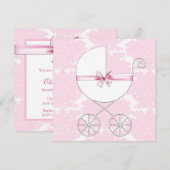 Elegante Carriage Pink Damask Baby shower Invitati Kaart (Voorkant / Achterkant)
