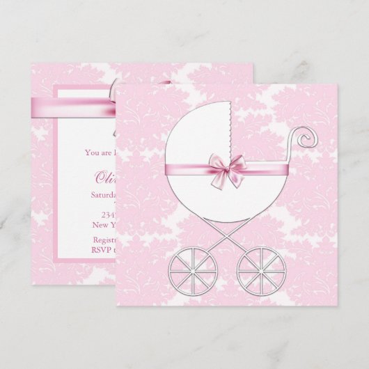 Elegante Carriage Pink Damask Baby shower Invitati Kaart (Voorkant / Achterkant)