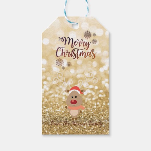 Elegante, Cartoon Rendier,Glitterende Bokeh Cadeaulabel (Voorkant)
