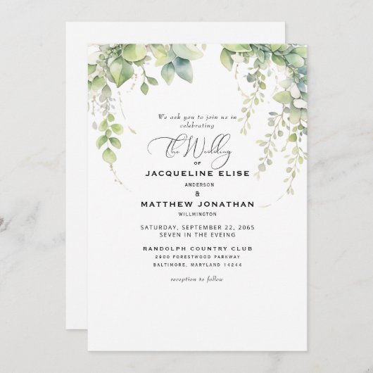 Elegante cascading groen bruiloft kaart (Voorkant / Achterkant)