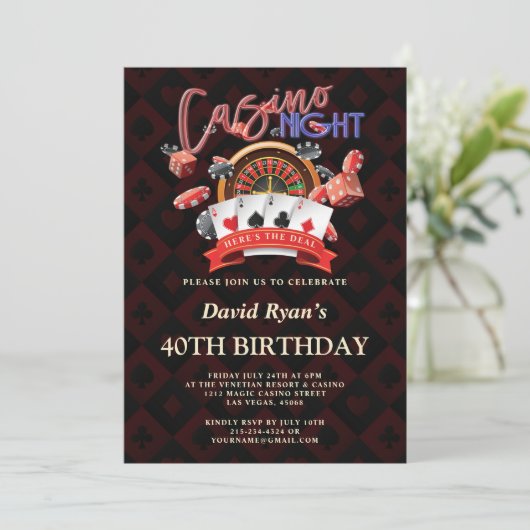 Elegante Casino Night Vegas 40e verjaardagsfeestje Kaart (Staand voorkant)