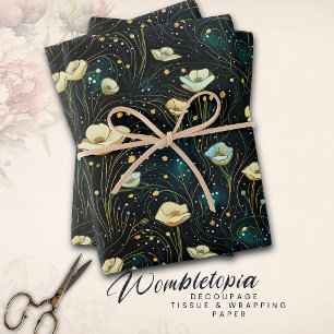 Elegante Celestial Floral Midnight Blue & Gold Inpakpapier Vel