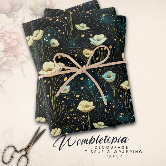 Elegante Celestial Floral Midnight Blue & Gold Inpakpapier Vel