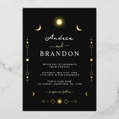 Elegante Celestial Gouden Maan & Zon QR Code Bruil Folie Uitnodiging (Voorkant)