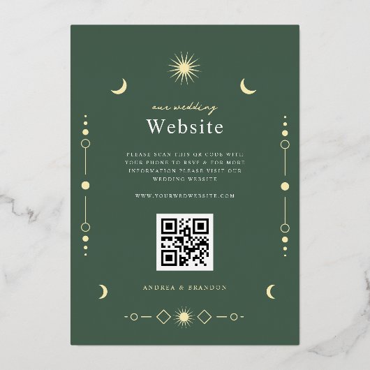 Elegante Celestial Gouden Maan & Zon QR Code Bruil Folie Uitnodiging (Achterkant)