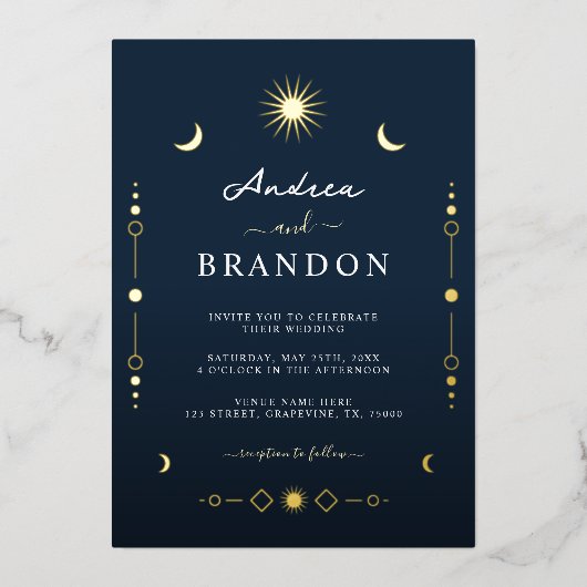 Elegante Celestial Gouden Maan & Zon QR Code Bruil Folie Uitnodiging (Voorkant)