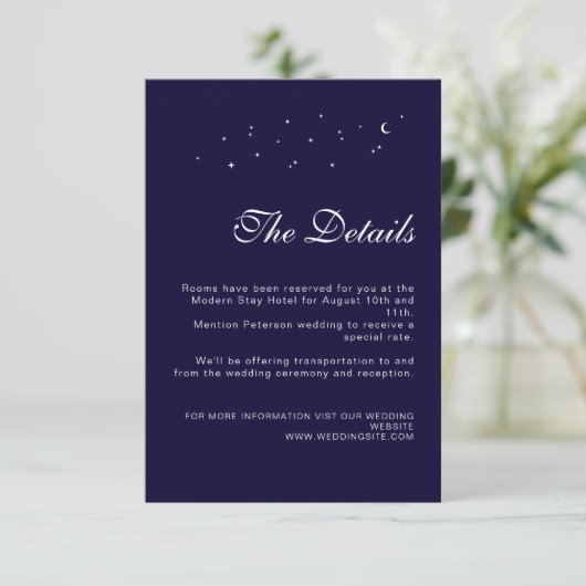 Elegante Celestial Midnight Blue Wedding Details Informatiekaartje (Staand voorkant)