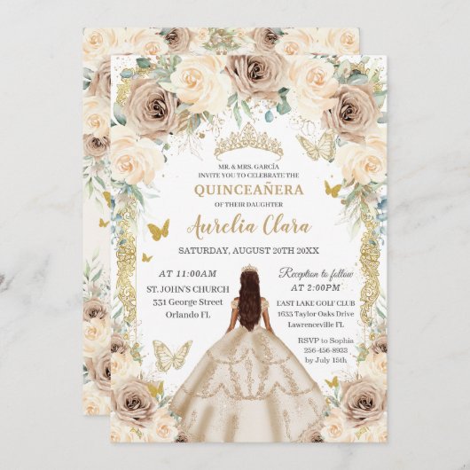 Elegante Champagne Bloemen  Goud Quinceañera Kaart (Voorkant / Achterkant)