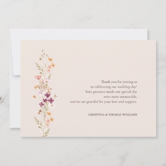 Elegante Champagne Boho Wildflower bruiloft Bedankkaart (Achterkant)