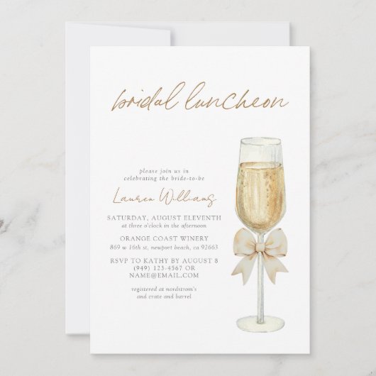 Elegante Champagne Chic Bow Script Bruids Luncheon Kaart (Voorkant)