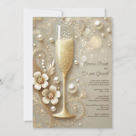 Elegante Champagne en Parel Trouwdouche Kaart (Voorkant)