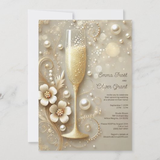 Elegante Champagne en Parel Trouwdouche Kaart (Voorkant)