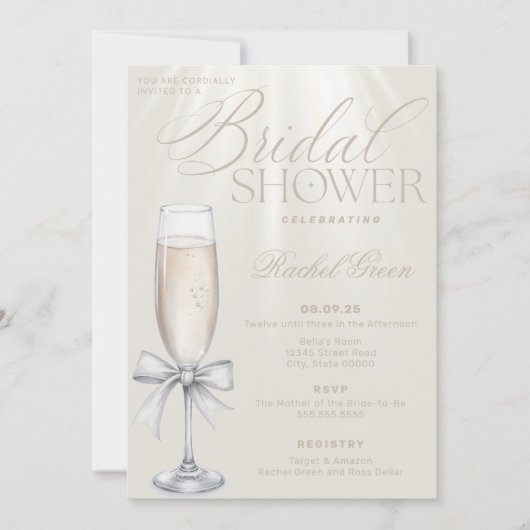 Elegante champagne- en strikbruidsfeestuitnodiging kaart (Voorkant)