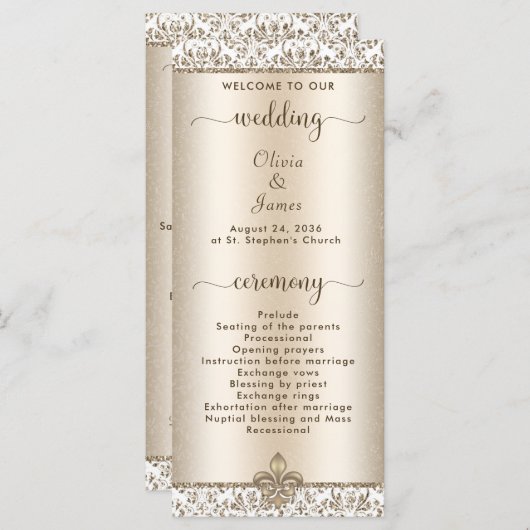 Elegante Champagne Fleur de Lis WEdding Programmakaart (Voorkant / Achterkant)