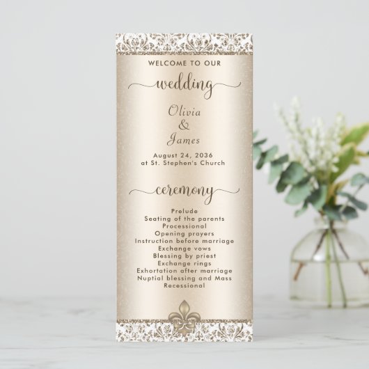 Elegante Champagne Fleur de Lis WEdding Programmakaart (Staand voorkant)