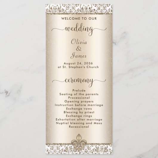 Elegante Champagne Fleur de Lis WEdding Programmakaart (Voorkant)