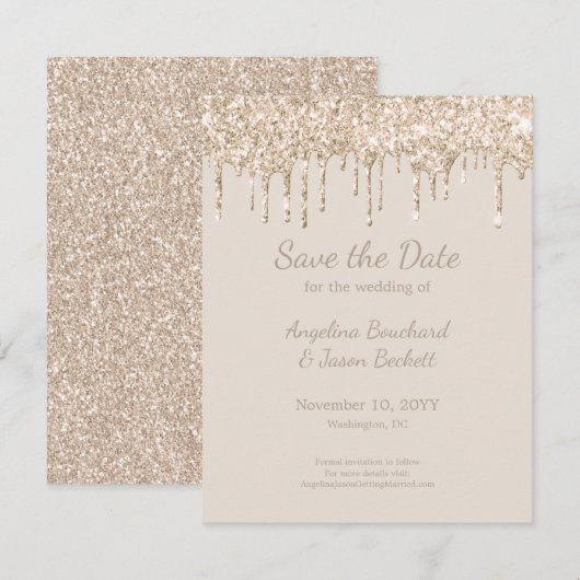 Elegante champagne glans bruiloft save the date kaart (Voorkant / Achterkant)
