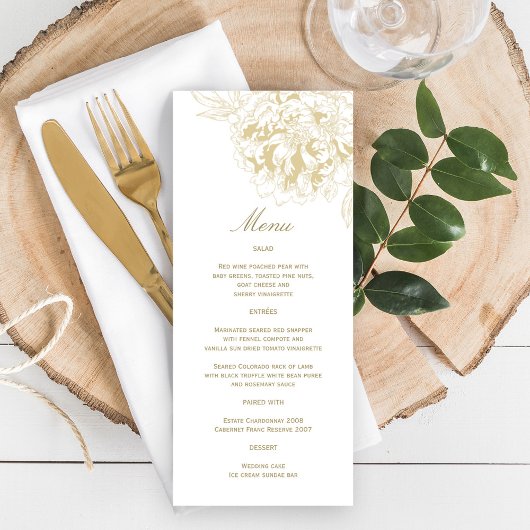 Elegante champagne gouden bloemstuk bruiloft menu