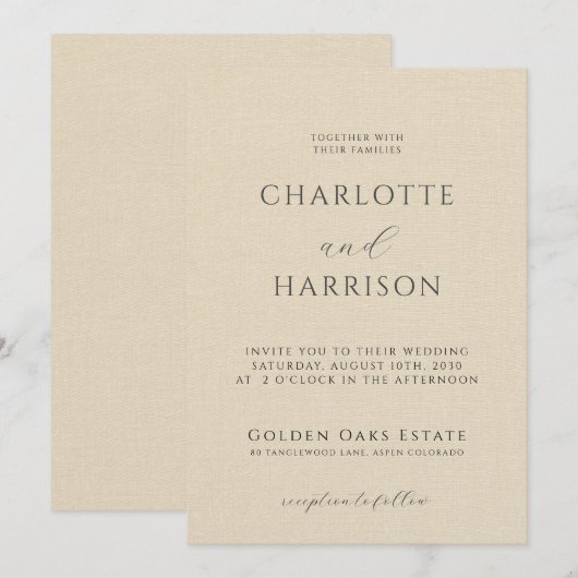 Elegante champagne in reliëf Linnen Minimal Weddin Kaart (Voorkant / Achterkant)