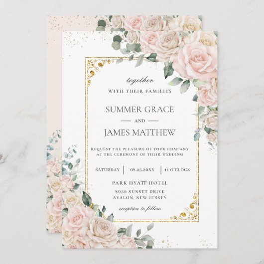 Elegante Champagne Ivoor Blush Bloemen Bruiloft Kaart (Voorkant / Achterkant)