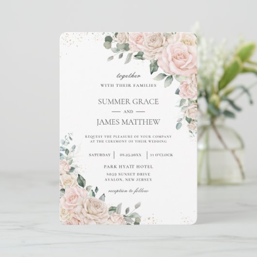 Elegante Champagne Ivoor Blush Bloemen Rozen Bruil Kaart (Staand voorkant)