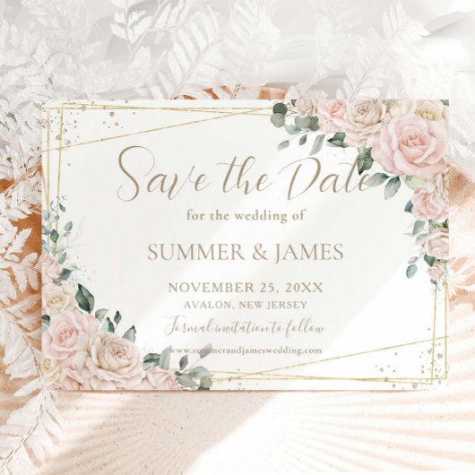 Elegante champagne ivoor roze bloemen bruiloft save the date