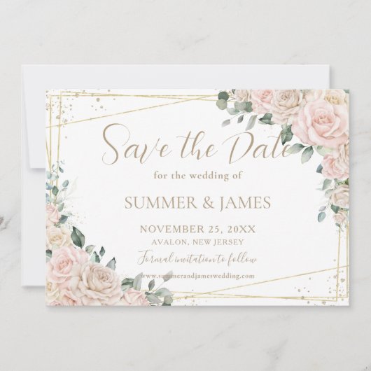 Elegante champagne ivoor roze bloemen bruiloft save the date (Voorkant)