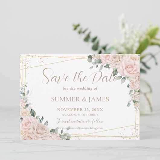 Elegante champagne ivoor roze bloemen bruiloft save the date (Staand voorkant)