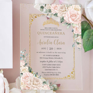 Elegante Champagne Ivoor Roze Bloemige Quinceañera Acryl Uitnodigingen