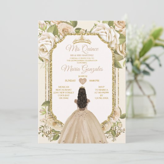 Elegante Champagne Mis Quince 15 Anos Gold Crown Kaart (Staand voorkant)