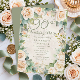 Elegante Champagne Roze Salie Bloemige 90e Verjaar Kaart
