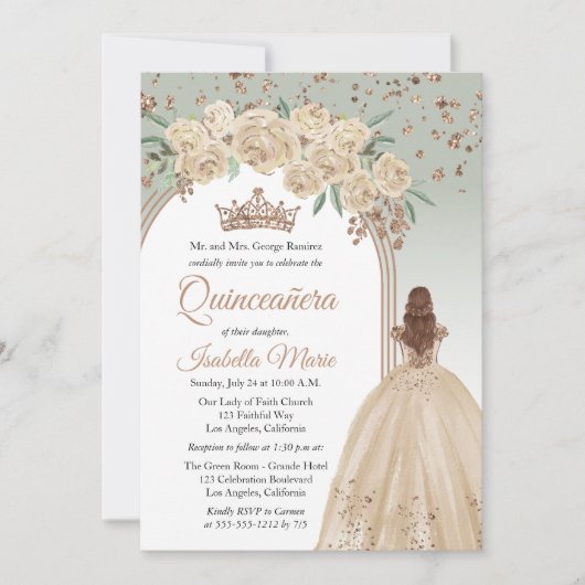 Elegante Champagne | Sage Bloemen Quinceañera Part Kaart (Voorkant)