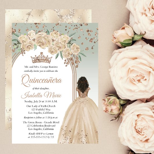 Elegante Champagne | Sage Bloemen Quinceañera Part Kaart